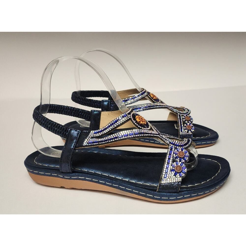 Women's Blue Rhinestone T-Strap Flat Boho Gemstone Slingback Slip-On Shoes US 9 - Picture 4 of 7